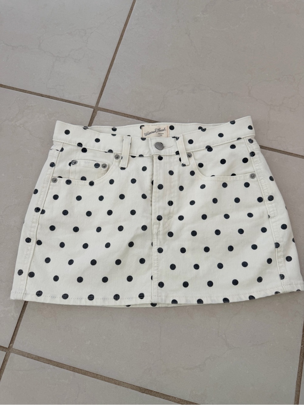 Universal Thread White Denim Mini Skirt with Black Polka Dots